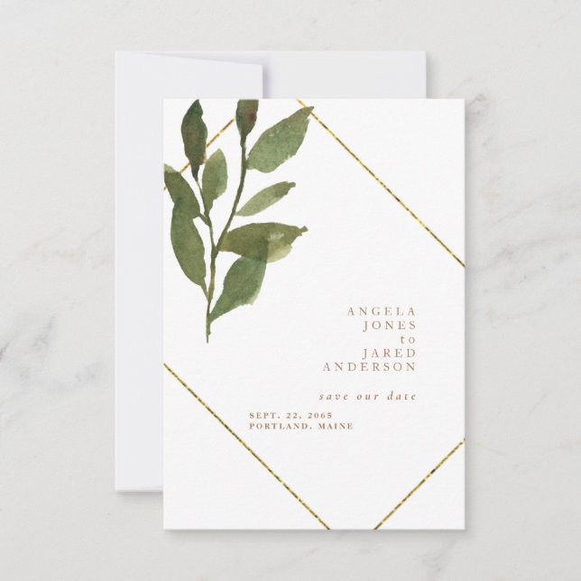 Simplicity & Greenery Gold & White Wedding  Save The Date (Front)