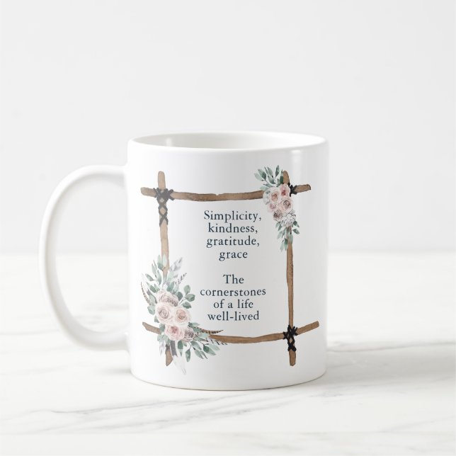 Simplicity, Kindness, Gratitude, Grace Boho Vibe Coffee Mug (Left)