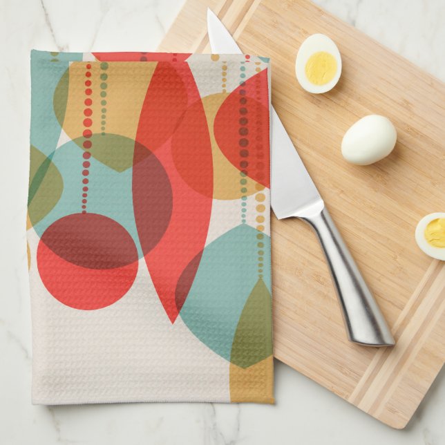 Simplified Retro Ornaments red, tan, blue Kitchen Tea Towel (Quarter Fold)