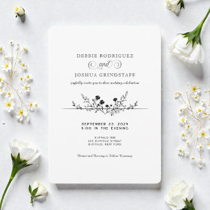 Simplistic Black White Floral Wedding Invitation 