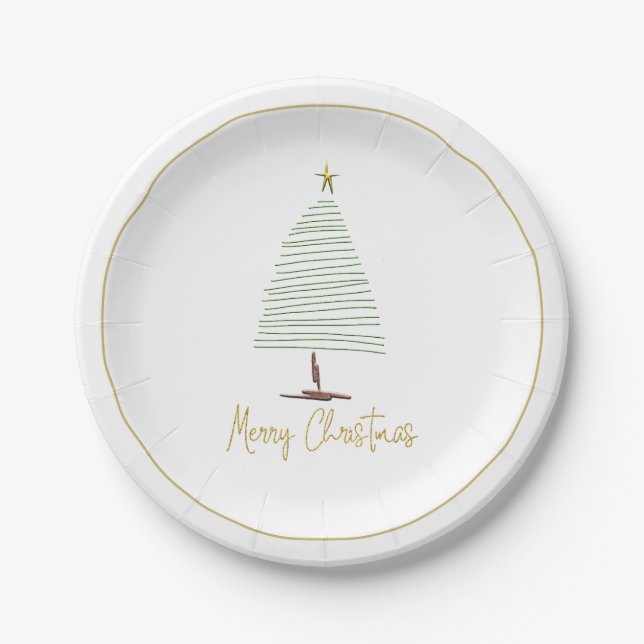 Simplistic Christmas Tree Gold Text Line Holiday Paper Plate (Front)