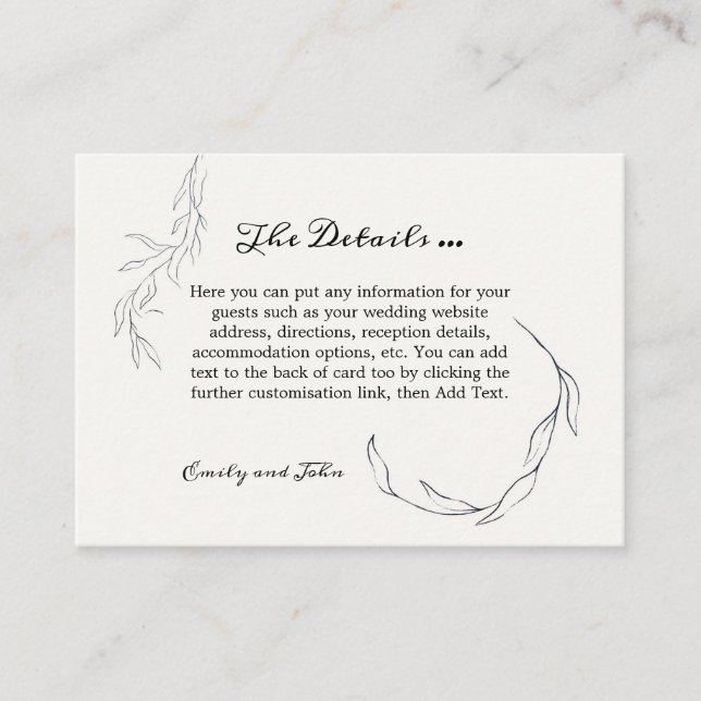 Simplistic Delicate Black Leaves Wedding Details Enclosure Card (Front)