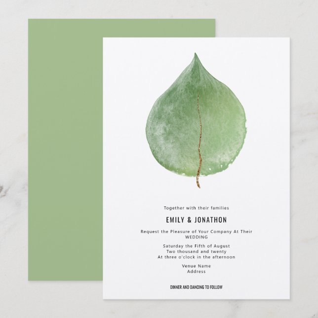 Simplistic Green Eucalyptus Leaf Wedding Invitation (Front/Back)
