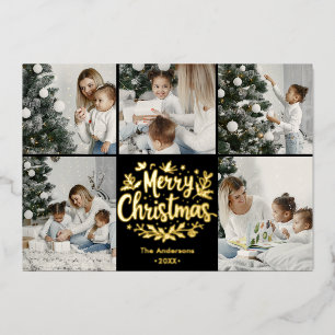 Simplistic Merry Christmas 5 Photo Collage Foil Holiday Card
