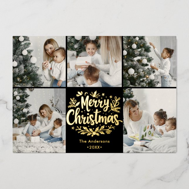 Simplistic  Merry Christmas 5 Photo Collage Foil Holiday Card (Front)