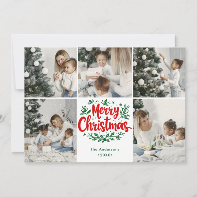 Simplistic  Merry Christmas 5 Photo Collage Holiday Card (Front)