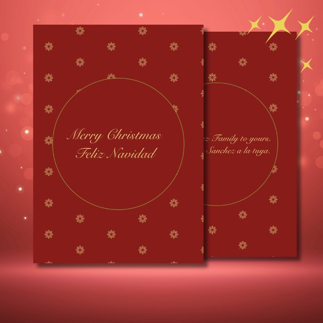 Simplistic Red and Golden Christmas Bilingual Holiday Card (Bilingual Spnaish custom text greeeting card, family name personalizable. Multilingual Project)