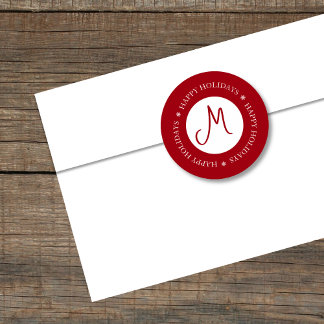 Simplistic Snowflakes Happy Holidays Red Monogram  Classic Round Sticker