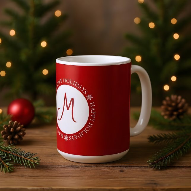 Simplistic Snowflakes Happy Holidays Red Monogram  Coffee Mug (Creator Uploaded)