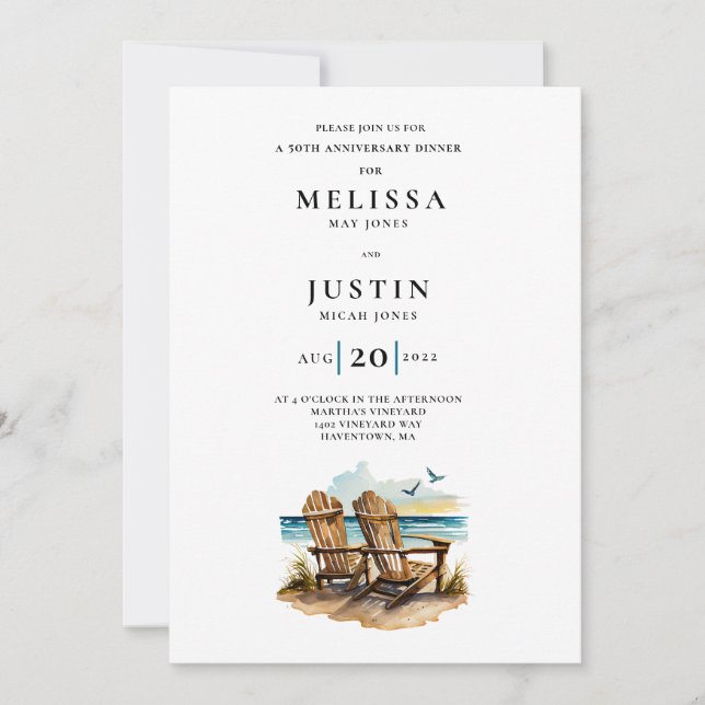 Simplistic wedding anniversary beach chair invitation (Front)