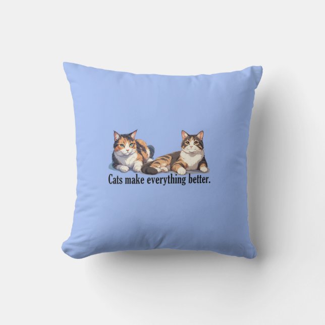 Simply Adorable Light Blue Cat Theme Throw Pillow (Front)