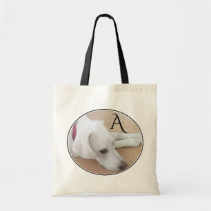 Simply Adorable Single Initial White Dog Black Tote Bag