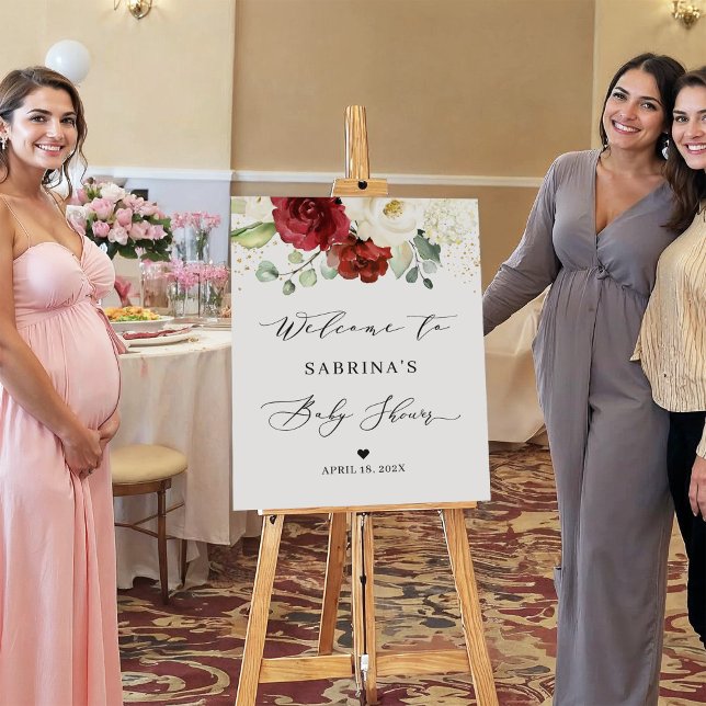 Simply Beautiful Red White Floral Baby Shower Sign (Creator Uploaded)