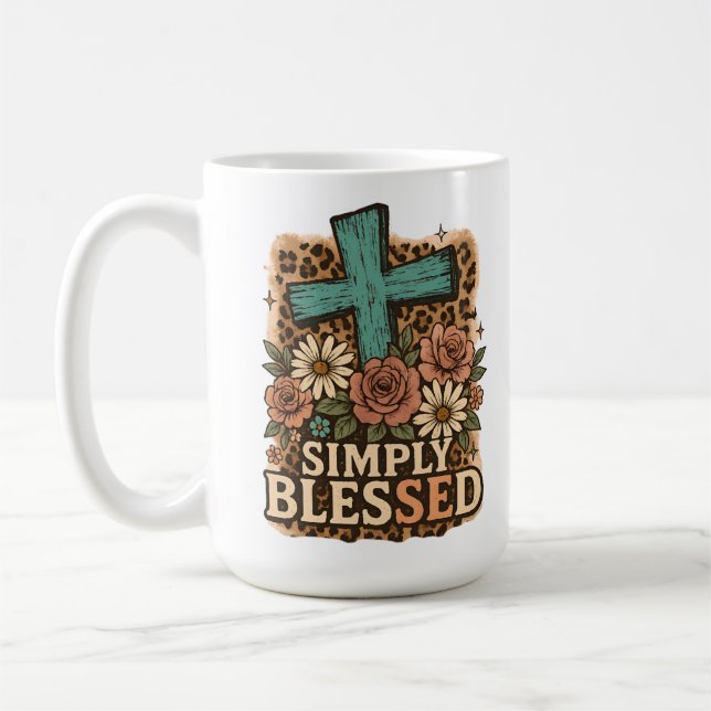 Simply Blessed Christian Cross Fall Flowers Coffee Mug (Left)