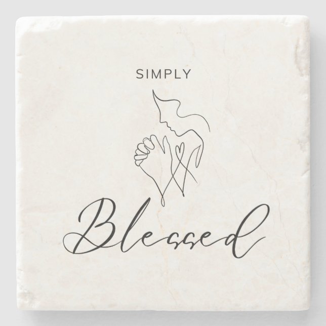 Simply Blessed Minimalist Christian Line Drawing Stone Coaster (Front)