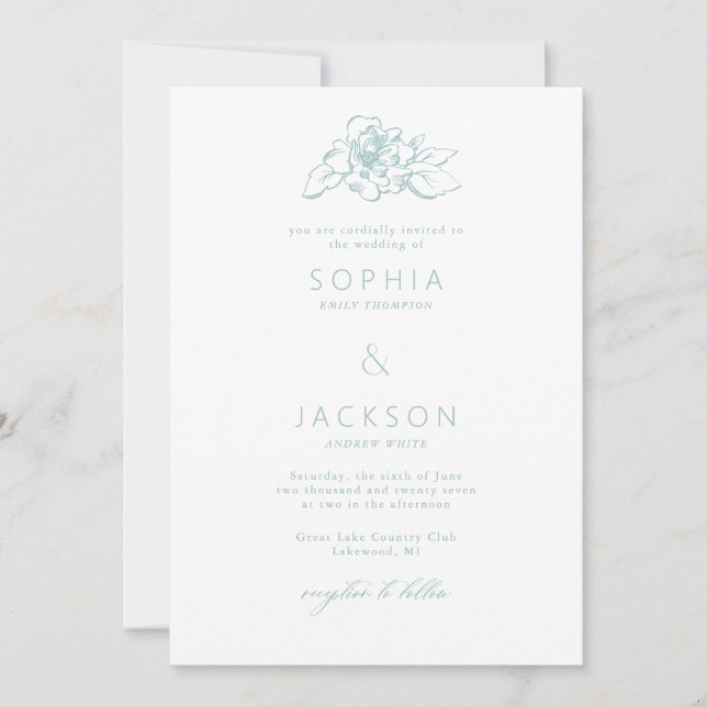 Simply Bloom Sea-foam Green White Wedding Invitation (Front)