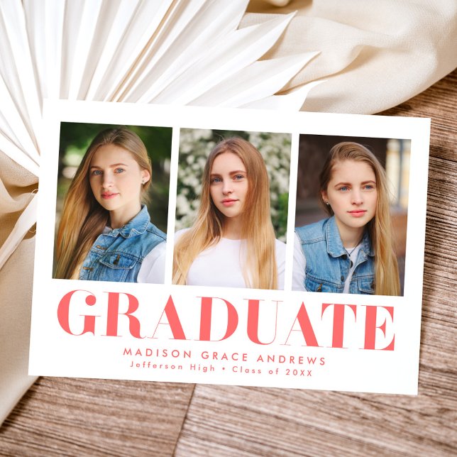 Simply Bold Coral 3 Photo Graduation Announcement (Creator Uploaded)