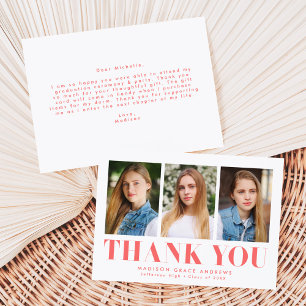 Simply Bold Coral 3 Photo Graduation Thank You Card