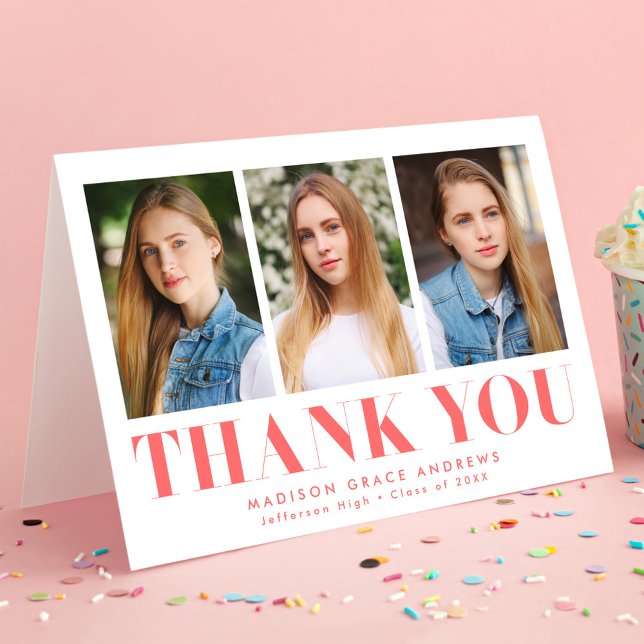 Simply Bold Coral 3 Photo Graduation Thank You Card (Creator Uploaded)