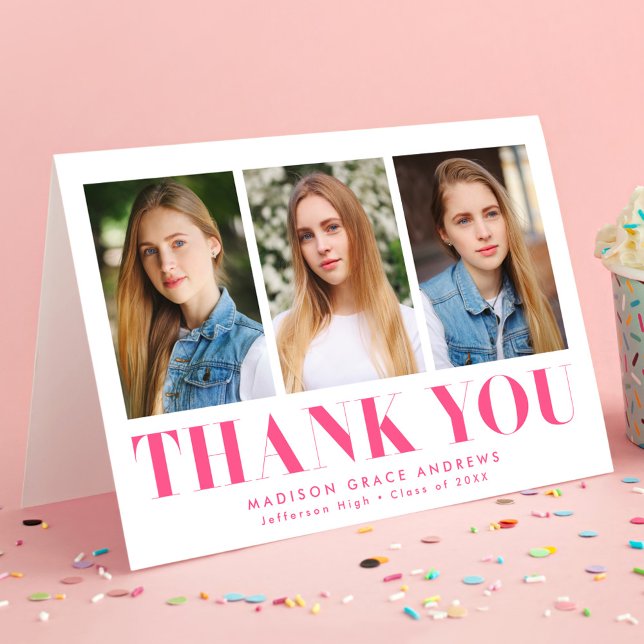 Simply Bold Hot Pink 3 Photo Graduation Thank You Card (Creator Uploaded)
