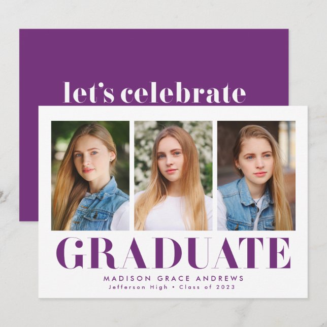 Simply Bold Purple 3 Photo Graduation Party Invitation (Front/Back)