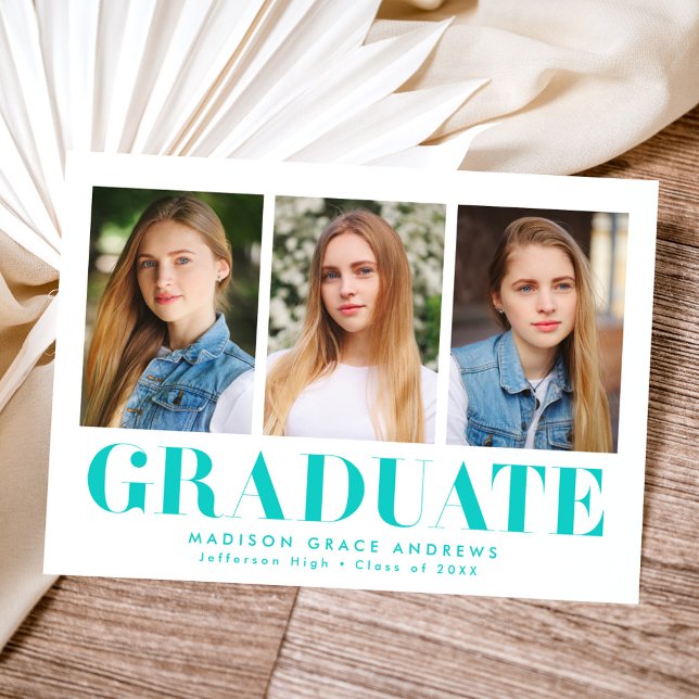Simply Bold Turquoise 3 Photo Graduation Announcement (Creator Uploaded)