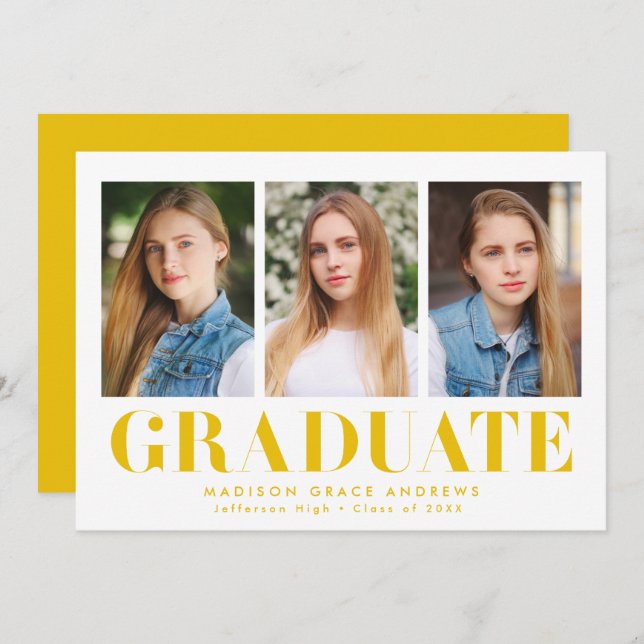 Simply Bold Yellow 3 Photo Graduation Party Invitation (Front/Back)