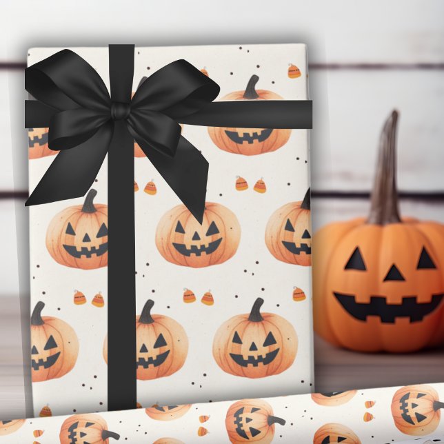 Simply Charming Jack-O-Lantern Pattern Halloween Wrapping Paper (Classic Vintage Autumn Blue and Orange Plaid Wrapping Paper)
