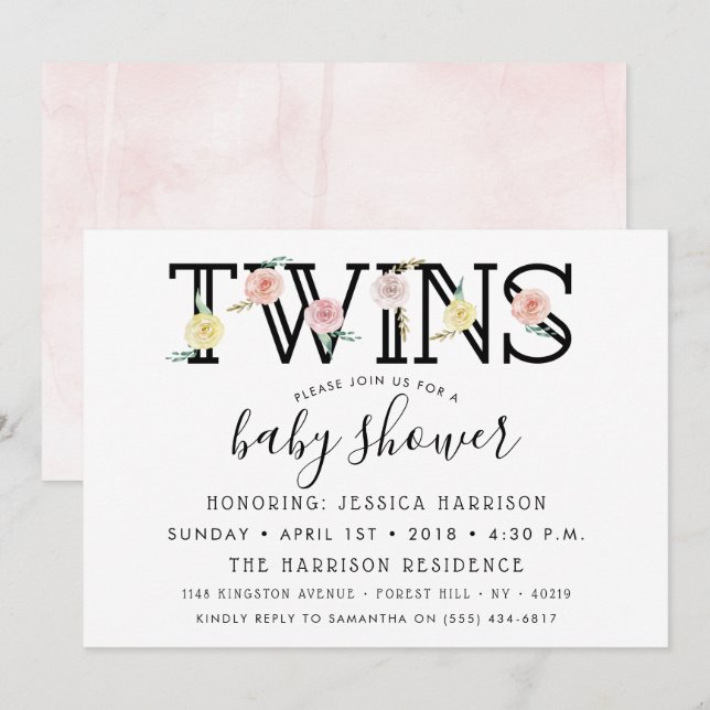 Simply Chic Floral Garden Twins Baby Shower Invitation (Front/Back)