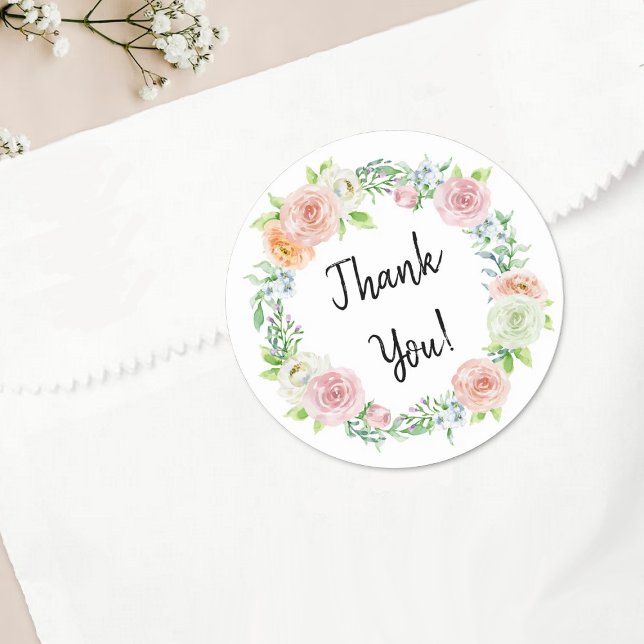 Simply Chic Floral Wreath Thank You Favour Classic Round Sticker (Creator Uploaded)