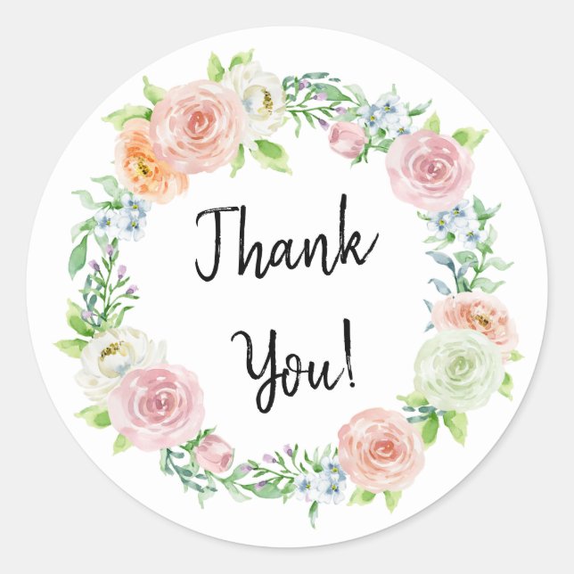 Simply Chic Floral Wreath Thank You Favour Classic Round Sticker (Front)
