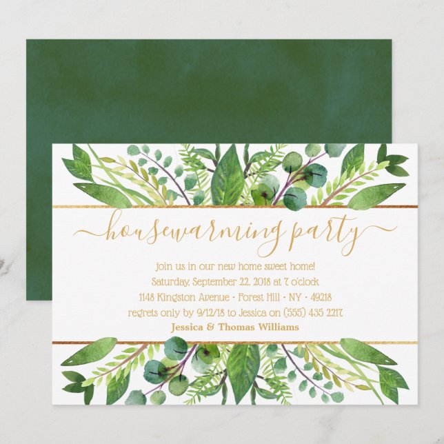 Simply Chic Greenery & Gold Housewarming Party Invitation (Front/Back)