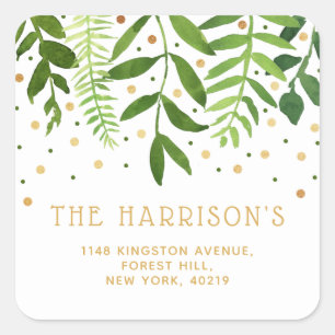 Simply Chic Greenery & Gold Return Address Square Sticker