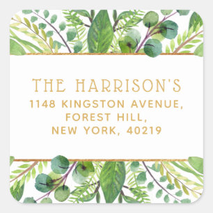 Simply Chic Greenery & Gold Return Address Square Sticker