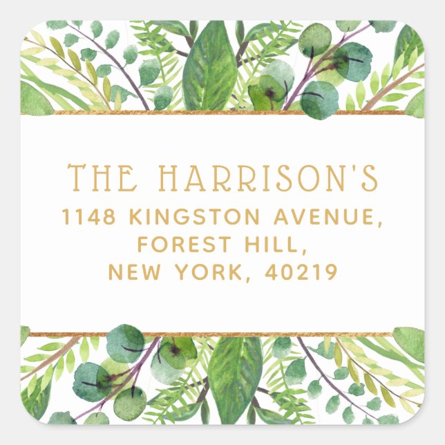 Simply Chic Greenery & Gold Return Address Square Sticker (Front)