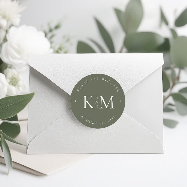 Simply Chic Wedding Initials Moss Green ID1046 Classic Round Sticker (Creator Uploaded)