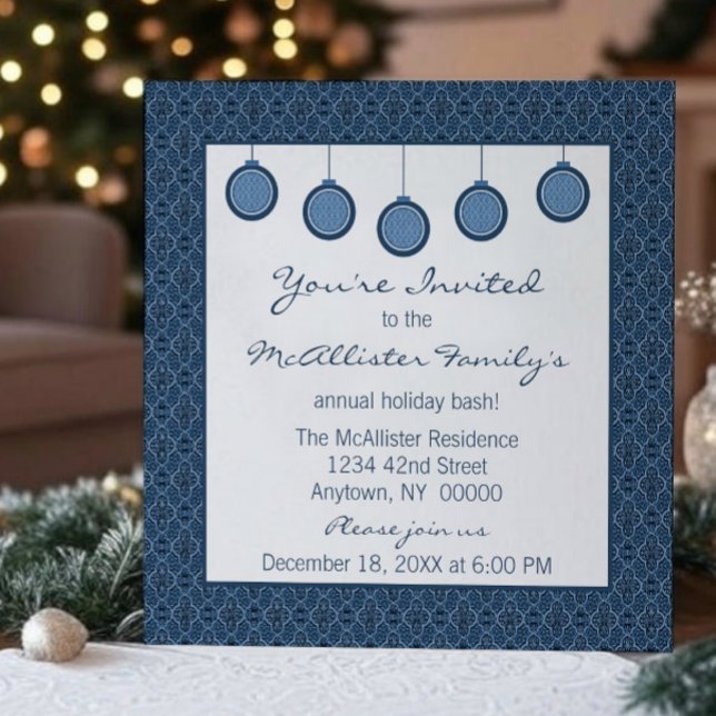 Simply Classic Damask Ornaments Christmas Blue Invitation (Blue Simply Classic Damask Ornaments Christmas Party Invitation)