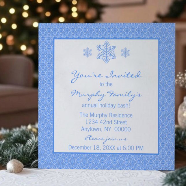Simply Classic Damask Snowflakes Christmas | Blue Invitation (Blue Simply Classic Damask Snowflakes Christmas Party Invitation)