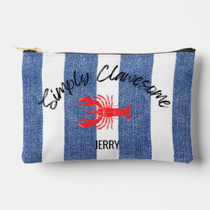 "Simply Clawesome" Lobster on Denim Stripe Pattern Accessory Pouch