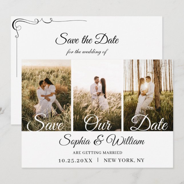 Simply Elegant 3 Photo Wedding  Save The Date (Front/Back)