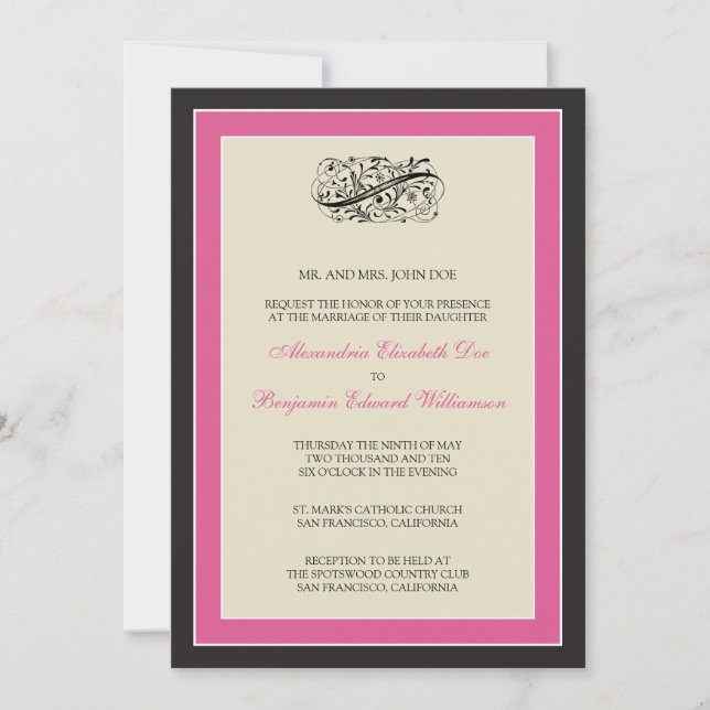 Simply Elegant 5x7 Black/Fuschia Wedding Invite (Front)