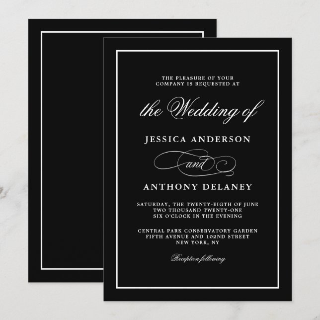 Simply Elegant Affair Black and White Wedding Invitation (Front/Back)