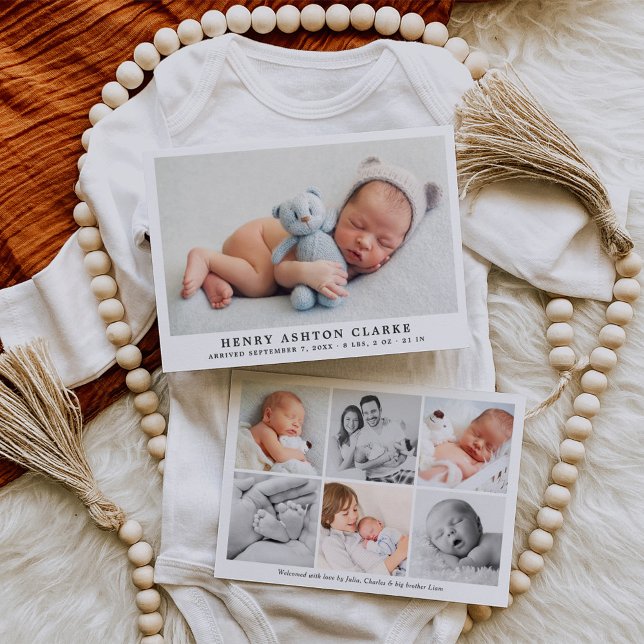 Simply Elegant Baby Boy Photo Collage Birth Announcement (Creator Uploaded)