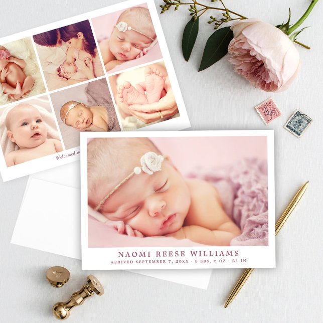Simply Elegant Baby Girl Photo Collage Birth Announcement (Creator Uploaded)