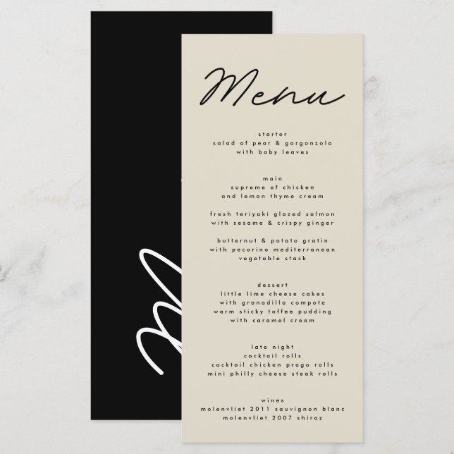 Simply Elegant Black & Beige Wedding Menu (Front/Back)