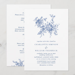 Simply Elegant Blue French Toile Floral Wedding Invitation