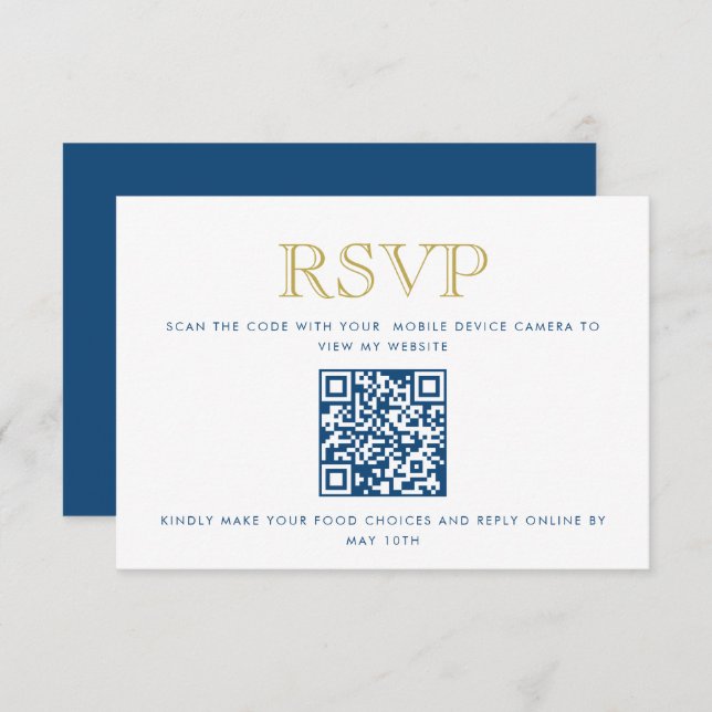 Simply Elegant, Blue Gold QR Code Reply Card (Front/Back)