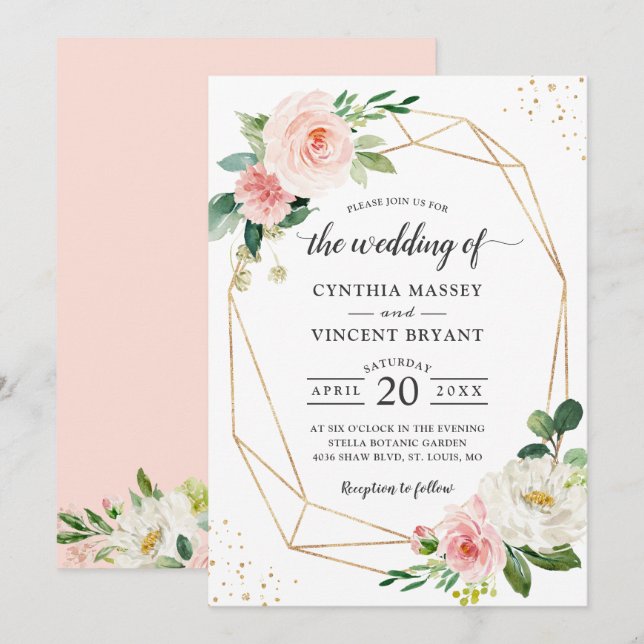 Simply Elegant Blush Floral Geometric Wedding Invitation (Front/Back)