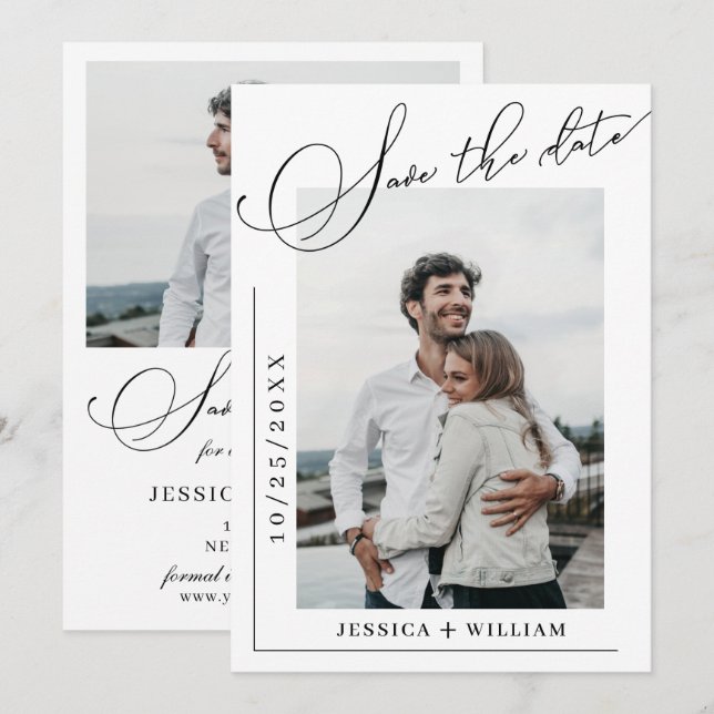 Simply Elegant Calligraphy Wedding 2 Photo  Save The Date (Front/Back)
