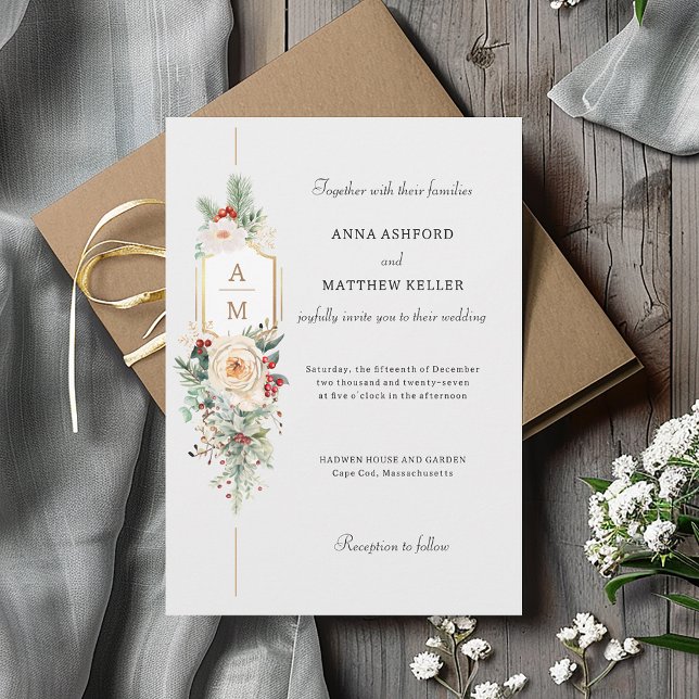 Simply Elegant Christmas Floral Monogram Invitation (Creator Uploaded)